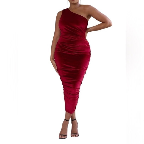 TAHARI ASL Red Velvet Ruched Velvet One Shoulder Dress Sz 12 - Picture 1 of 10